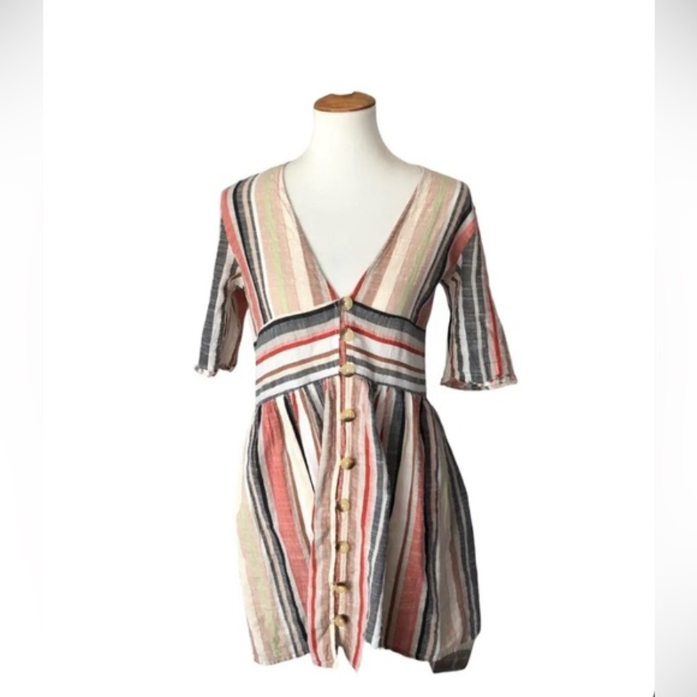 Lulus Size Medium Striped Short Dress 100% Cotton Stitched Edge Sleeve Button Up